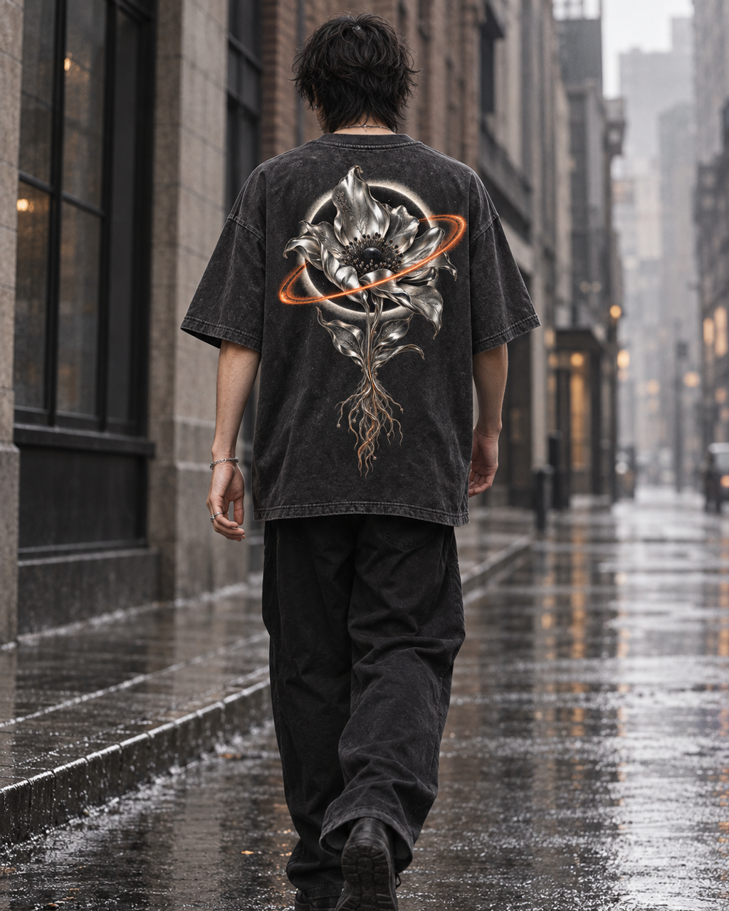 Eclipse Garden Oversized T-Shirt – Washed Black Heavyweight Graphic Tee