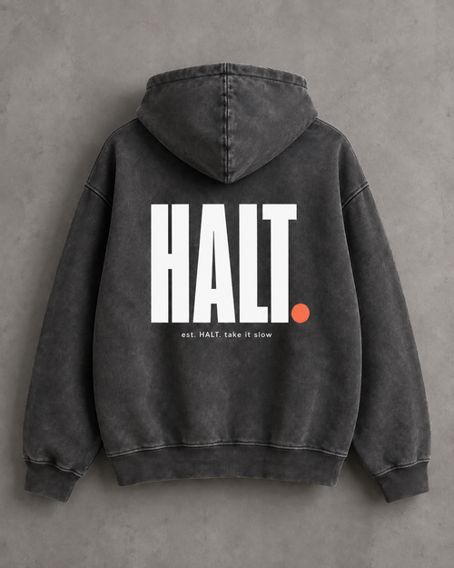 HALT. Signature Hoodie in washed charcoal, back view, with HALT. est. take it slow print