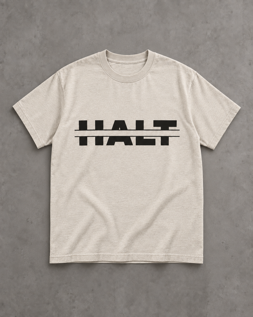HALT. Split Logo Tee in oatmeal, unisex crew neck t-shirt with bold black HALT logo, front view