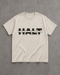 HALT. Split Logo Tee in oatmeal, unisex crew neck t-shirt with bold black HALT logo, front view
