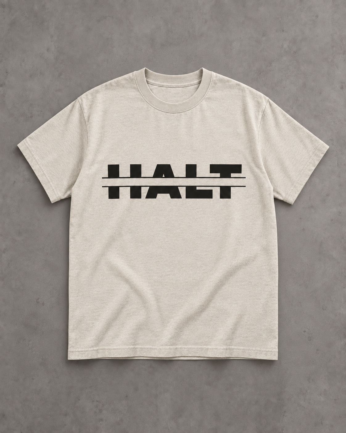 HALT. Split Logo Tee in oatmeal, unisex crew neck t-shirt with bold black HALT logo, front view