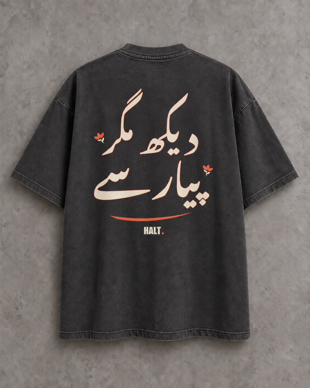 Back of HALT. washed charcoal T-shirt with Dekh Magar Pyar Se Urdu lettering in bone and coral.