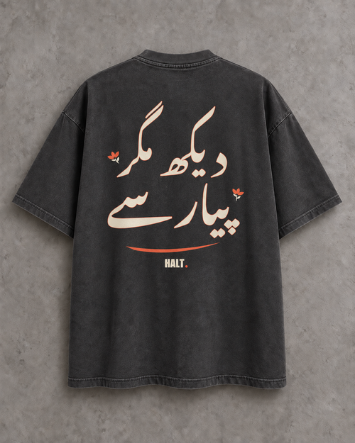 Back of HALT. washed charcoal T-shirt with Dekh Magar Pyar Se Urdu lettering in bone and coral.