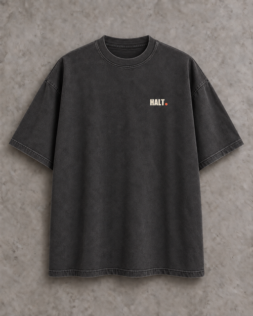 Front of HALT. washed charcoal oversized T-shirt with a small bone logo and coral dot on the left chest.