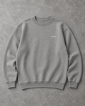HALT. Slow Crewneck in stone grey, heavyweight sweatshirt with small HALT. chest logo, front view